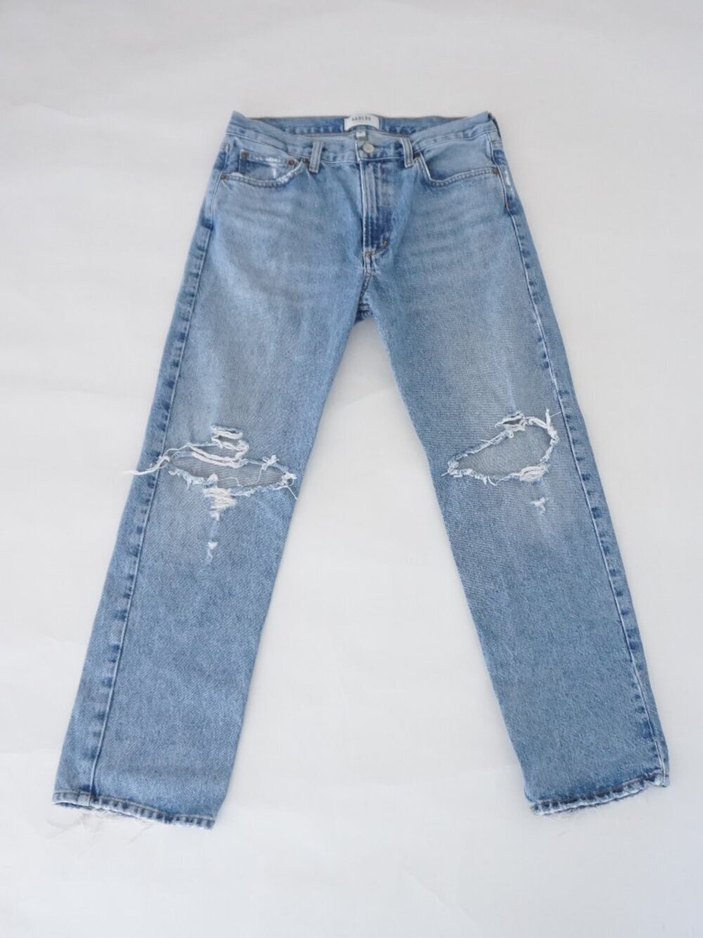 AGOLDE Medium Wash Distressed Ripped Knee Straight Leg Denim Jeans High Rise 28